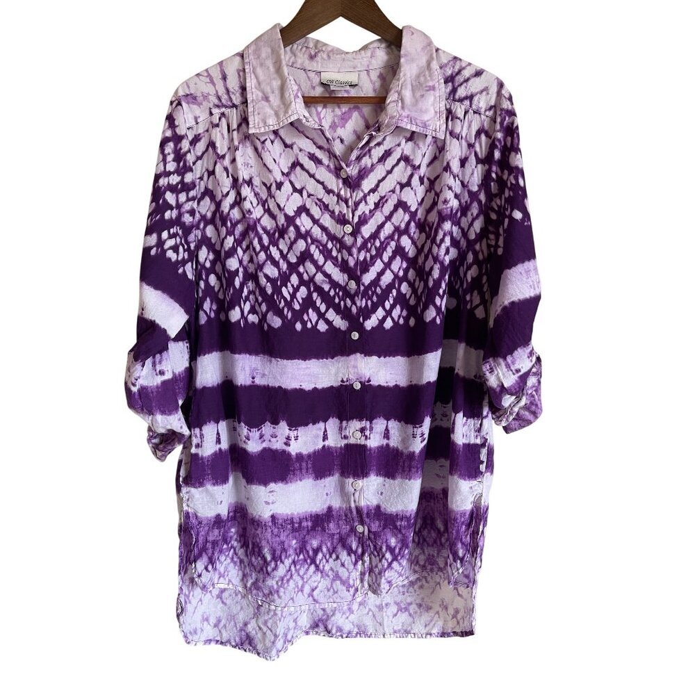 CW Classics 1X Purple White Tie Dye Button Front Tunic Collared 100% Cotton Made